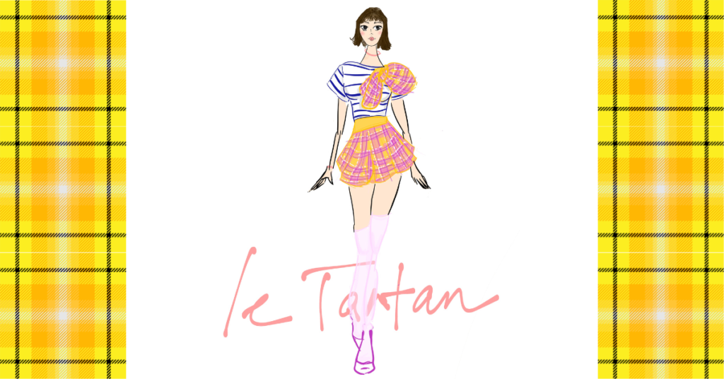 Bannière illustration de mode femme en marinière et jupe à motif tartan jaune Le Tartan The Editorial Studio